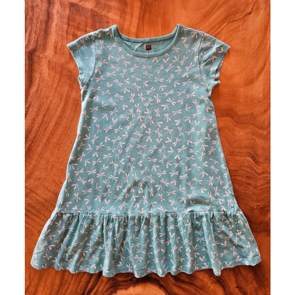 Tea Collection Youth Dress Ruffle Hem Teal Dragonfly Print Size 6